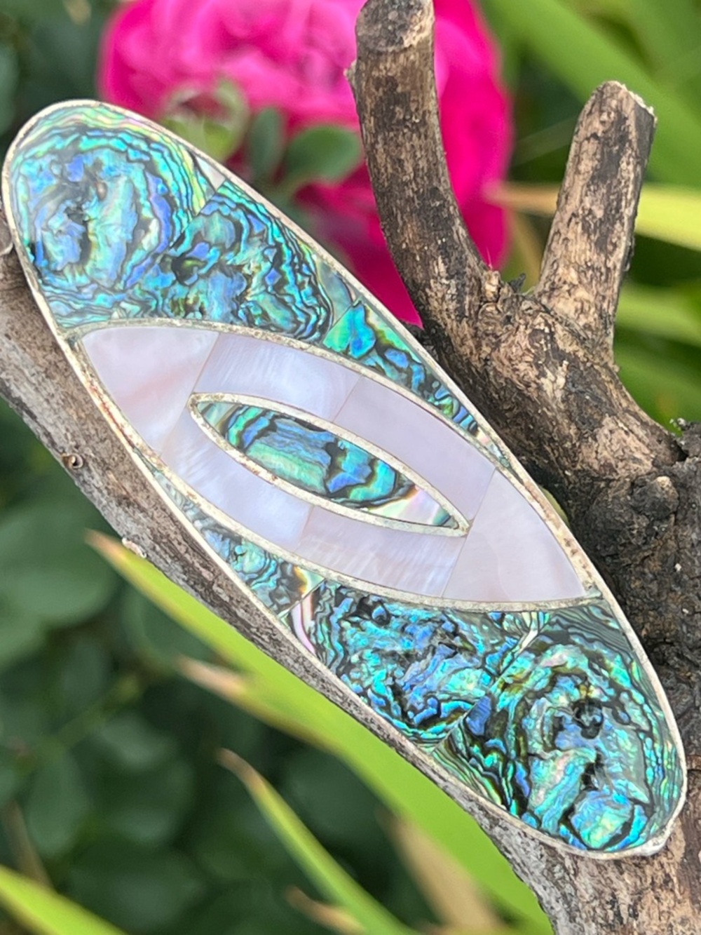 Vintage Alpaca Mexico Abalone Inlay Hair Barrette Clip 4”